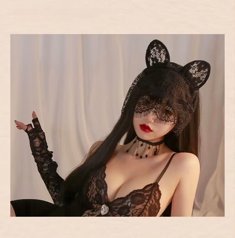 Black Lace Cat Ears Veil Mask Gothic Masquerade Costume Headpiece